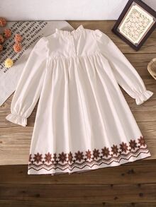 SHEIN Tween Girls Apricot Embroidered Dress Ruffle Trim Long Sleeve Woven Autumn Thanksgiving Christmas Holiday Girl's Autumn Dress - Pink - View 2