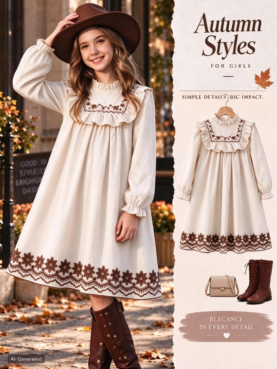 SHEIN Tween Girls Apricot Embroidered Dress Ruffle Trim Long Sleeve Woven Autumn Thanksgiving Christmas Holiday Girl's Autumn Dress - Pink - View 1