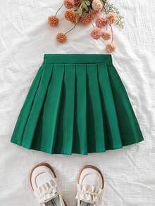 SHEIN Young Girl Pleated Mini Skirt, Fashionable Olive Green, Suitable For Fall School 7th Birthday Princess Christmas Fairy - Green - View 7
