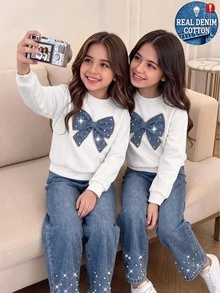 SHEIN 女童牛仔蝴蝶結連帽衛衣與運動衫套裝，秋季新款，返校穿搭，牛仔兩件套，蝴蝶結綴珠設計 - 白色 - 查看 2