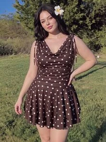 SHEIN MOD 女款大尺碼復古浪漫 1920-1960s 風棕色波點修身 A 字迷你洋裝，法式風格，適合派對、約會之夜、度假，夏季穿搭 - 棕色 - 查看 9