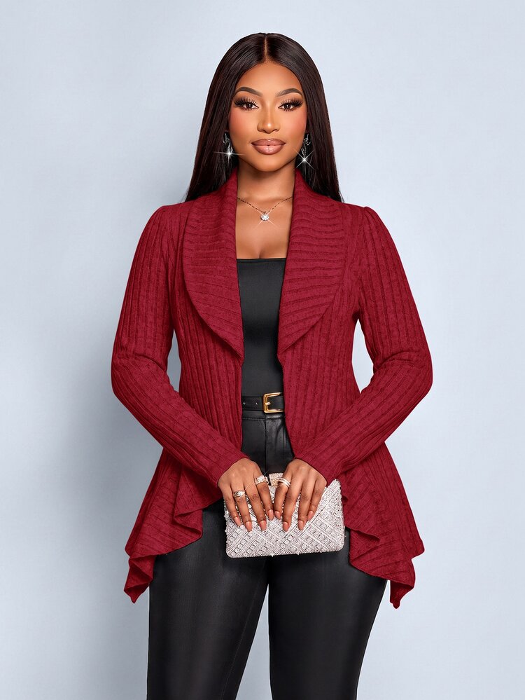 SOLERSUN Plus Size Elegant Autumn And Winter Brushed Striped Ruffle Hem Cardigan Jacket, Large Collar Asymmetrical Waist Cinching Top, Red Party Christmas - Burgundy - View 4