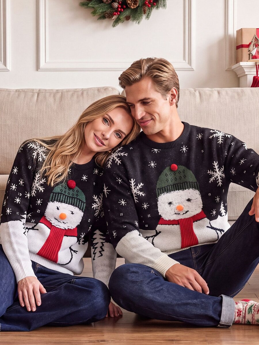 Manfinity Homme Men's Round Neck Long Sleeve Pullover Sweater, Green Christmas Style, Bear Embroidery Pullover Sweater Couple Matc [Excl. Baby & Kids] - Black and White - View 1