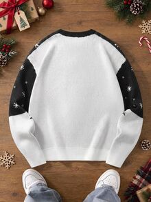 Manfinity Homme Men's Round Neck Long Sleeve Pullover Sweater, Green Christmas Style, Bear Embroidery Pullover Sweater Couple Matc [Excl. Baby & Kids] - Black and White - View 3
