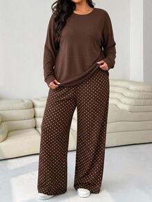 Solflare Vintage Polka Dot Pattern Plus Size Women's Crew Neck Loose T-Shirt And Loose Straight Leg Pants 2 Pieces Set - Multicolor - View 3