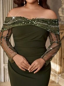 Aureia Plus Size Elegant Luxurious Beaded Floral Bubble Design Sexy Off-Shoulder Sheer Patchwork Elastic Knit Ruched Mermaid Skirt Suitable For Wedding Events, Bachelorette Party, Vacation, Ball, Evening Dress (Heavy Workmanship) - Army Green - View 9