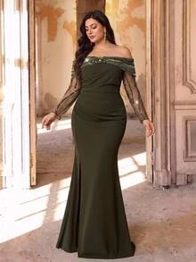 Aureia Plus Size Elegant Luxurious Beaded Floral Bubble Design Sexy Off-Shoulder Sheer Patchwork Elastic Knit Ruched Mermaid Skirt Suitable For Wedding Events, Bachelorette Party, Vacation, Ball, Evening Dress (Heavy Workmanship) - Army Green - View 8