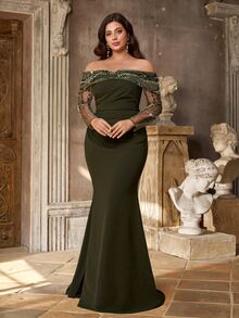 Aureia Plus Size Elegant Luxurious Beaded Floral Bubble Design Sexy Off-Shoulder Sheer Patchwork Elastic Knit Ruched Mermaid Skirt Suitable For Wedding Events, Bachelorette Party, Vacation, Ball, Evening Dress (Heavy Workmanship) - Army Green - View 7