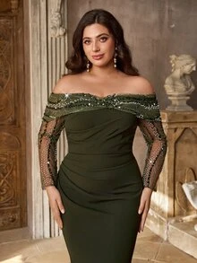 Aureia Plus Size Elegant Luxurious Beaded Floral Bubble Design Sexy Off-Shoulder Sheer Patchwork Elastic Knit Ruched Mermaid Skirt Suitable For Wedding Events, Bachelorette Party, Vacation, Ball, Evening Dress (Heavy Workmanship) - Army Green - View 6