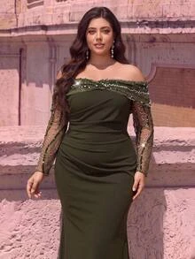 Aureia Plus Size Elegant Luxurious Beaded Floral Bubble Design Sexy Off-Shoulder Sheer Patchwork Elastic Knit Ruched Mermaid Skirt Suitable For Wedding Events, Bachelorette Party, Vacation, Ball, Evening Dress (Heavy Workmanship) - Army Green - View 3