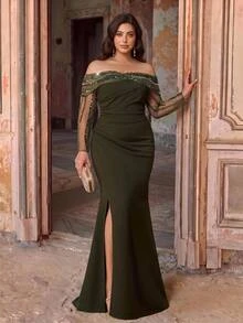 Aureia Plus Size Elegant Luxurious Beaded Floral Bubble Design Sexy Off-Shoulder Sheer Patchwork Elastic Knit Ruched Mermaid Skirt Suitable For Wedding Events, Bachelorette Party, Vacation, Ball, Evening Dress (Heavy Workmanship) - Army Green - View 5