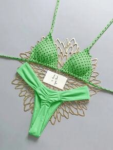 Swim Mod 女款夏季海灘波點掛脖綁帶性感比基尼三角褲兩件式泳衣套裝 - 彩色 - 查看 3