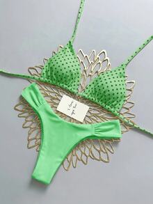 Swim Mod 女款夏季海灘波點掛脖綁帶性感比基尼三角褲兩件式泳衣套裝 - 彩色 - 查看 9