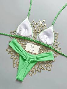 Swim Mod 女款夏季海灘波點掛脖綁帶性感比基尼三角褲兩件式泳衣套裝 - 彩色 - 查看 2