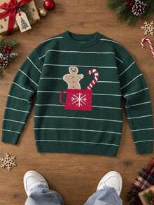 Manfinity Homme Men's Autumn/Winter Pullover Sweater, Dropped Shoulder Long Sleeve Crew Neck Knit Sweater Christmas Couple Matching Outfit - Dark Green - View 2