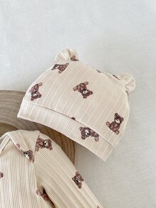 SHEIN 2件組 0-3歲嬰兒可愛不對稱羅紋印花熊棉質連身衣附帽子，滿滿可愛感，適合外出與多種場合 - 彩色 - 查看 10