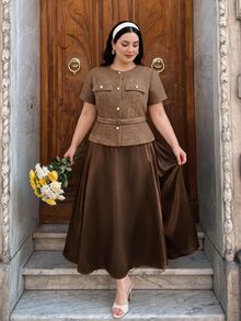 SHEIN MOD Fashion Plus Size Tweed Short Blazer With Satin Long Skirt ...