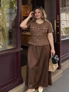 SHEIN MOD Fashion Plus Size Tweed Short Blazer With Satin Long Skirt ...
