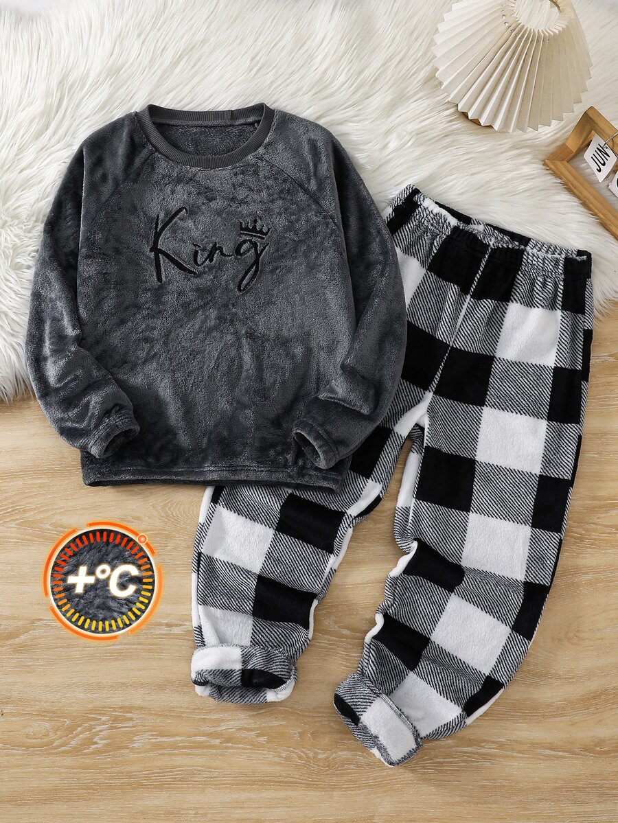 SHEIN Tween Boy Letter Print Kids Long Sleeve Autumn Top And Pants Casual Daily Sleepwear Set - Grey - View 1
