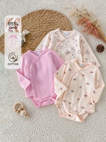 SHEIN 3件組新生兒淺粉色長袖連身衣，0-12個月女嬰適用，柔軟親膚修身內搭層，秋季醫院米色可愛親子套裝 - 彩色 - 查看 5