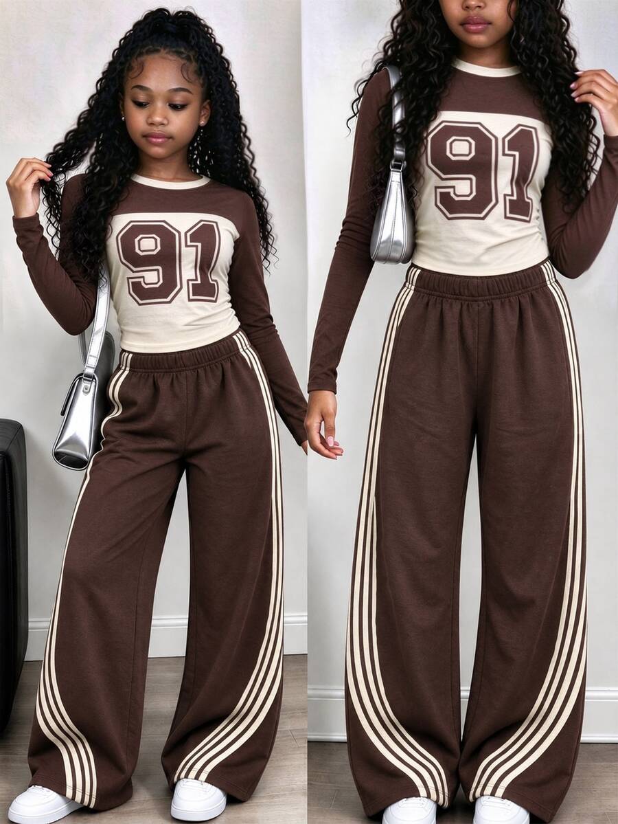 Tween Girls 2 Pcs Dark Brown Number Print Ruched Waist Patchwork Long Sleeve T-Shirt & Wide Leg Pants Set, Brown Top, Winter Outfits - Multicolor - View 1