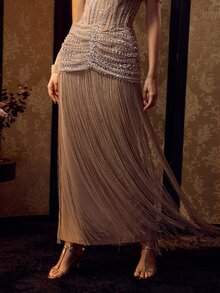 MOTF Soiréza ELEGANT WOMEN OFF SHOULDER BEADED FABRIC FRINGE HEM MAXI GOWN FOR FORMAL PARTY, WEDDINGS, GALAS - Champagne - View 1