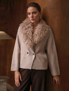 MOTF PREMIUM WOMEN'S FUR COLLAR KNIT CARDIGAN SWEATER, SLOUCHY - Khaki - View 9
