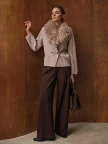 MOTF PREMIUM WOMEN'S FUR COLLAR KNIT CARDIGAN SWEATER, SLOUCHY - Khaki - View 7