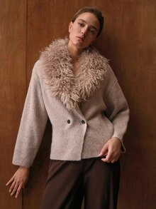 MOTF PREMIUM WOMEN'S FUR COLLAR KNIT CARDIGAN SWEATER, SLOUCHY - Khaki - View 8