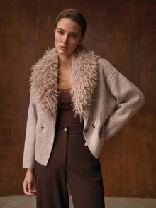 MOTF PREMIUM WOMEN'S FUR COLLAR KNIT CARDIGAN SWEATER, SLOUCHY - Khaki - View 6