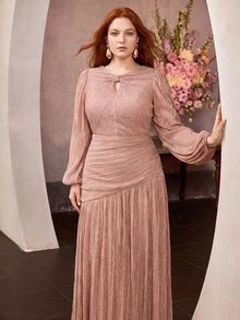 MOTF Soiréza ELEGANT PLUS SIZE LONG LANTERN SLEEVES MAXI GOWN WITH RUCHED FABRIC FOR WEDDINGS, GALAS,FORMAL EVENTS - Dusty Pink - View 4