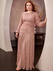MOTF Soiréza ELEGANT PLUS SIZE LONG LANTERN SLEEVES MAXI GOWN WITH RUCHED FABRIC FOR WEDDINGS, GALAS,FORMAL EVENTS - Dusty Pink - View 3