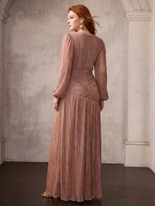 MOTF Soiréza ELEGANT PLUS SIZE LONG LANTERN SLEEVES MAXI GOWN WITH RUCHED FABRIC FOR WEDDINGS, GALAS,FORMAL EVENTS - Dusty Pink - View 5