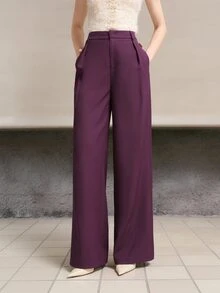 MOTF PREMIUM WOMEN'S SOLID COLOR FASHION LOOSE STRAIGHT LEG SUIT PANTS - Purple - View 7