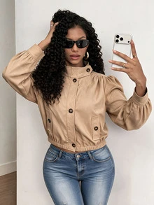BamGleam Short Khaki Stand Collar Petal Sleeve Elastic Hem Casual Utility Jacket - Khaki - View 2