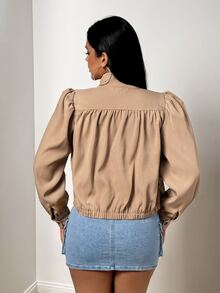 BamGleam Short Khaki Stand Collar Petal Sleeve Elastic Hem Casual Utility Jacket - Khaki - View 3