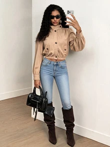 BamGleam Short Khaki Stand Collar Petal Sleeve Elastic Hem Casual Utility Jacket - Khaki - View 7