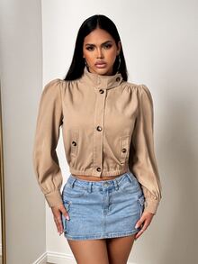 BamGleam Short Khaki Stand Collar Petal Sleeve Elastic Hem Casual Utility Jacket - Khaki - View 5