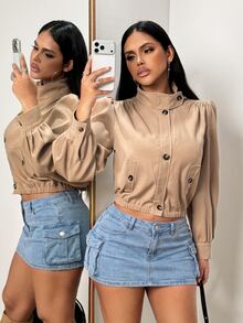 BamGleam Short Khaki Stand Collar Petal Sleeve Elastic Hem Casual Utility Jacket - Khaki - View 4