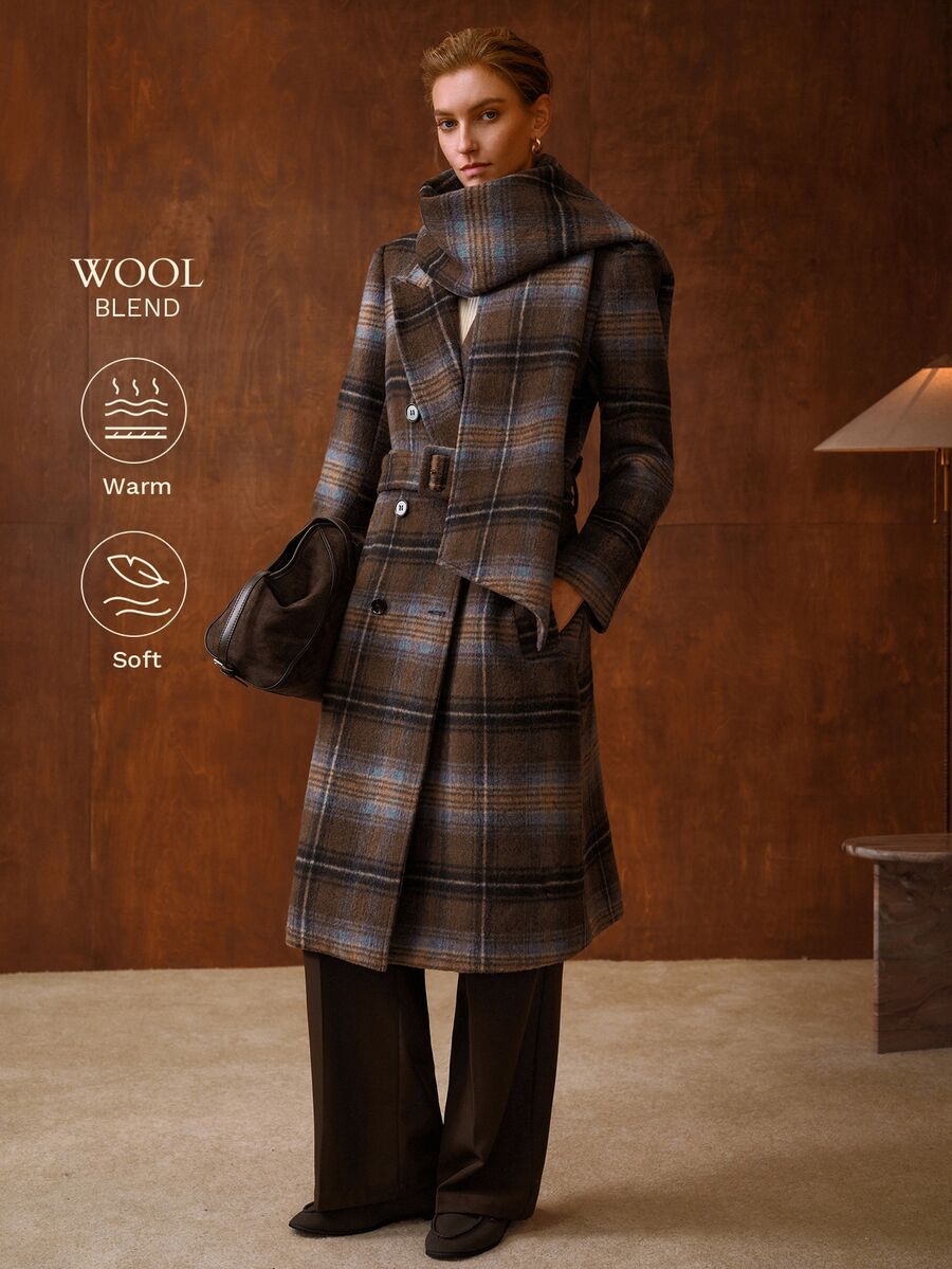 MOTF PREMIUM BROWN PLAID MID-LENGTH ELEGANT OVERCOAT WITH SCARF - Coffee Brown - View 2