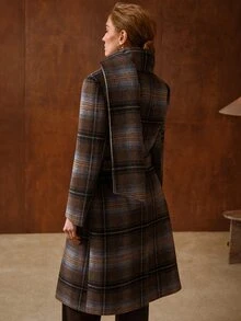 MOTF PREMIUM BROWN PLAID MID-LENGTH ELEGANT OVERCOAT WITH SCARF - Coffee Brown - View 7