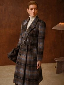 MOTF PREMIUM BROWN PLAID MID-LENGTH ELEGANT OVERCOAT WITH SCARF - Coffee Brown - View 5