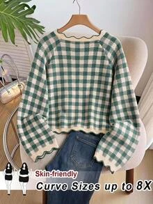 SHEIN CURVE+ Plus Size Women's Round Neck Plaid Pattern Fashion Casual Green Sweater, Christmas Winter - Multicolor - View 6