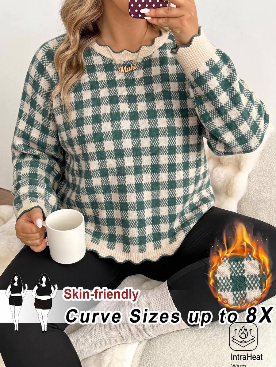 SHEIN CURVE+ Plus Size Women's Round Neck Plaid Pattern Fashion Casual Green Sweater, Christmas Winter - Multicolor - View 1