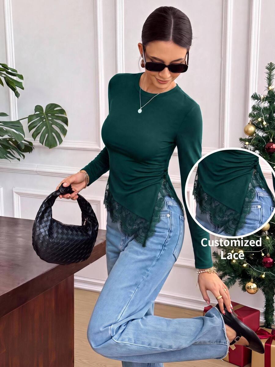 Serisse Women's Slim Fit Round Neck Long Sleeve Asymmetrical Hem T-Shirt - Dark Green - View 1