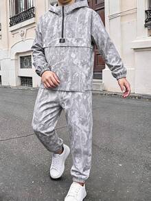 Kids 2pcs Teen Boy Casual Street Style Dried Leaf Pattern Half-Zip Hooded Jacket And Jogger Pants Set, Suitable For Autumn/Winter Casual Sports Style - Grey - View 6