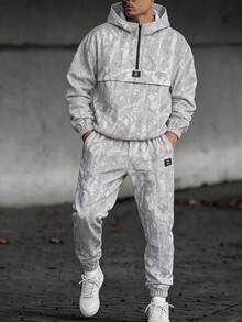 Kids 2pcs Teen Boy Casual Street Style Dried Leaf Pattern Half-Zip Hooded Jacket And Jogger Pants Set, Suitable For Autumn/Winter Casual Sports Style - Grey - View 5