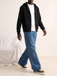 VOXRYNE Autumn/Winter Streetwear Washed Blue Straight Loose Fit Embroidered Slogan Jeans Baggy Jeans Y2k - Blue - View 6