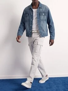 VOXRYNE Men's Casual Streetwear Multi-Pocket Striped Blue Denim Jacket Men Shacket - Dark Wash - View 7
