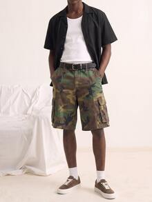 VOXRYNE Men's Casual Streetwear Multi-Pocket Distressed Camo Denim Shorts Hiking Dark Green Summer, Holiday - Army Green - View 2